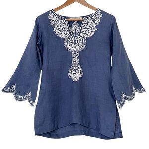 Bella Tu 100% Linen Embroidered Tunic Top XS Resortwear Cruise Coastal Vacation